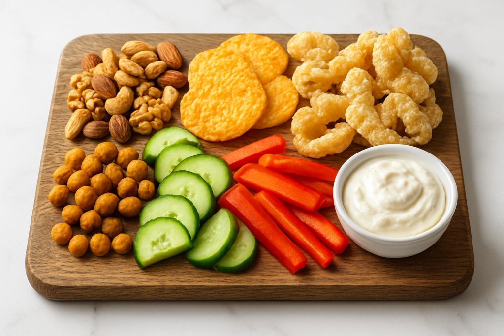 19 Super Easy Low-Carb Snacks To Keep You On Track 1 Assorted-easy-low-carb-snacks-arranged-on-a-table-for-healthy-snacking