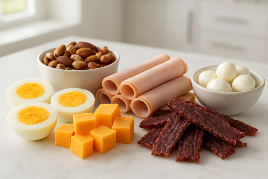 19 Super Easy Low-Carb Snacks To Keep You On Track 3 High-protein-low-carb-snacks-arranged-on-a-table