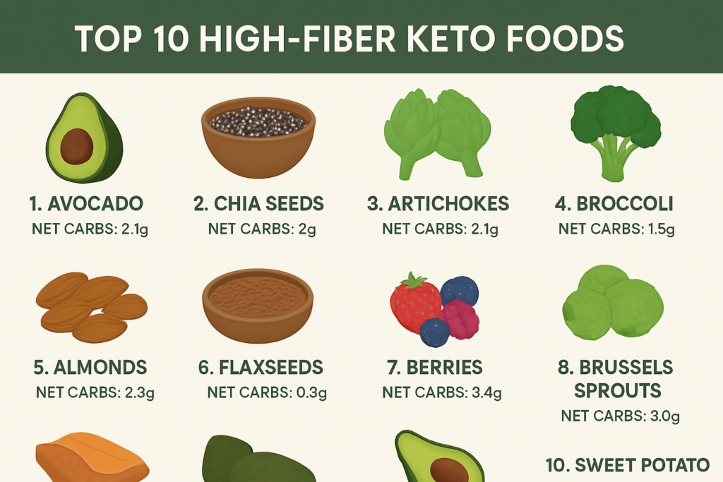 Infographic-showing-top-10-high-fiber-keto-foods-including-avocado-chia-seeds-and-artichokes-with-net-carb-counts